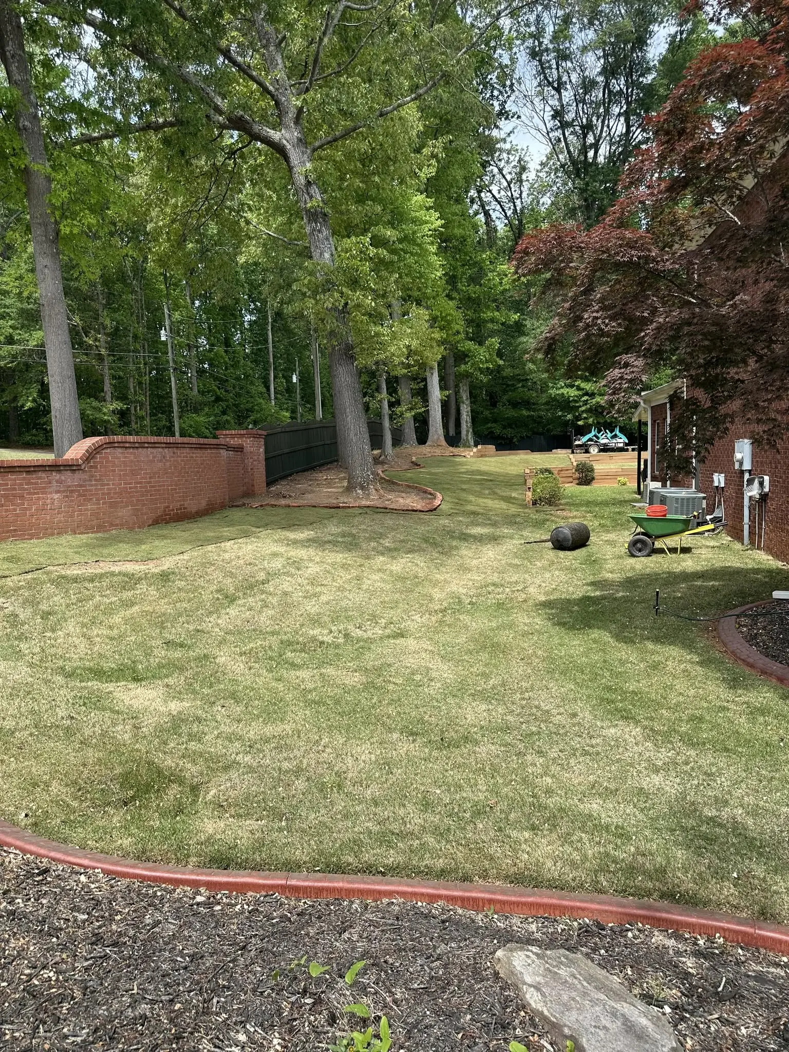 Backyard lawn renovation in progress with new sod and tools staged at a Marietta, GA property