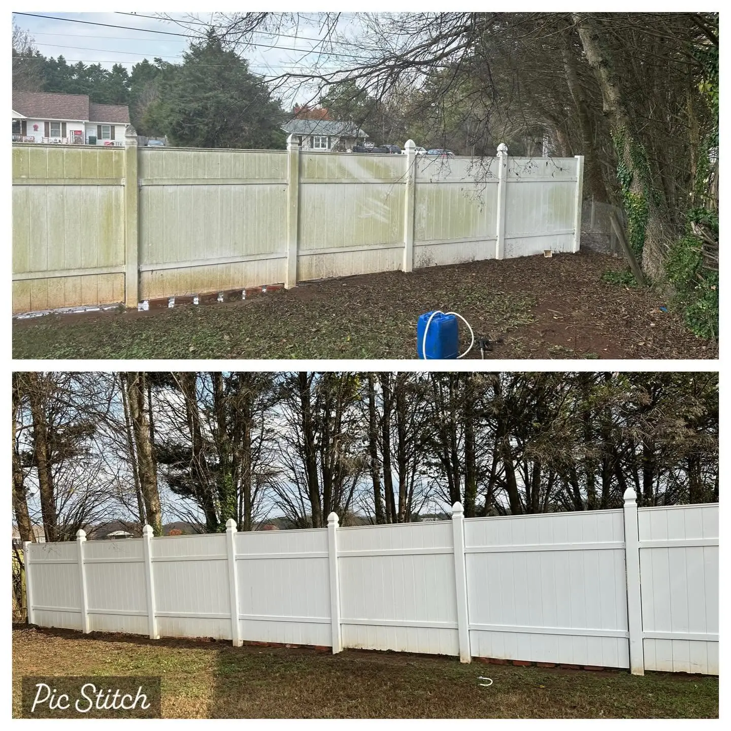 Vinyl privacy fence before and after pressure washing removes algae stains at a Marietta, GA home