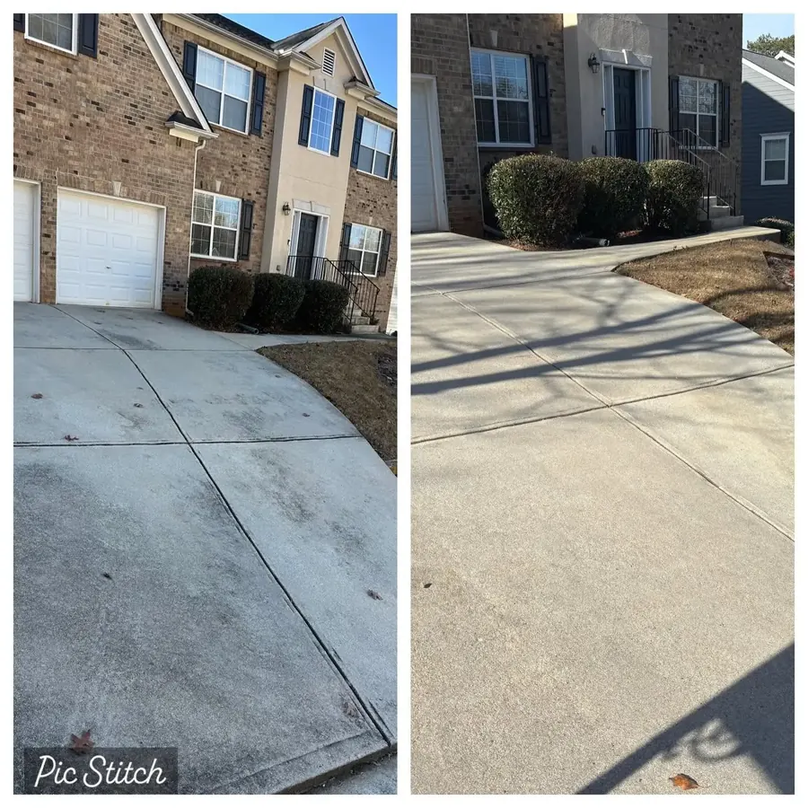 Driveway before and after pressure washing at a brick home in Marietta, GA